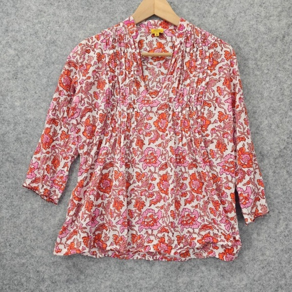 Cottagecore‎ Boho Chic Blouse S Pink Orange Pintuck Loose ROBERTA ROLLER RABBIT